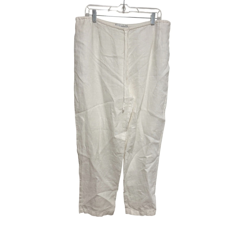 Cut Loose White Linen Drawstring Elastic Waist Straight Leg Pants XL